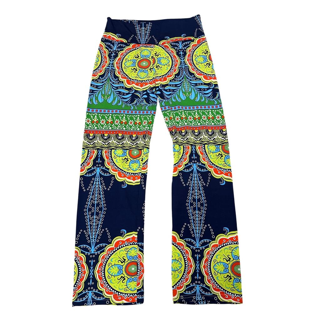 NWOT Wide Leg Palazzo Pants Navy Blue Neon Lime Medallion Boho Festival OS